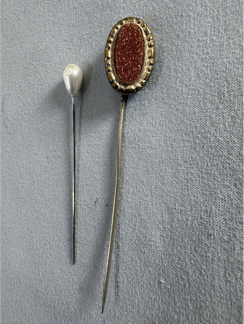 Antique Victorian Edwardian Goldstone Glass Stick Pin Brass Cravat Lapel HatPin
